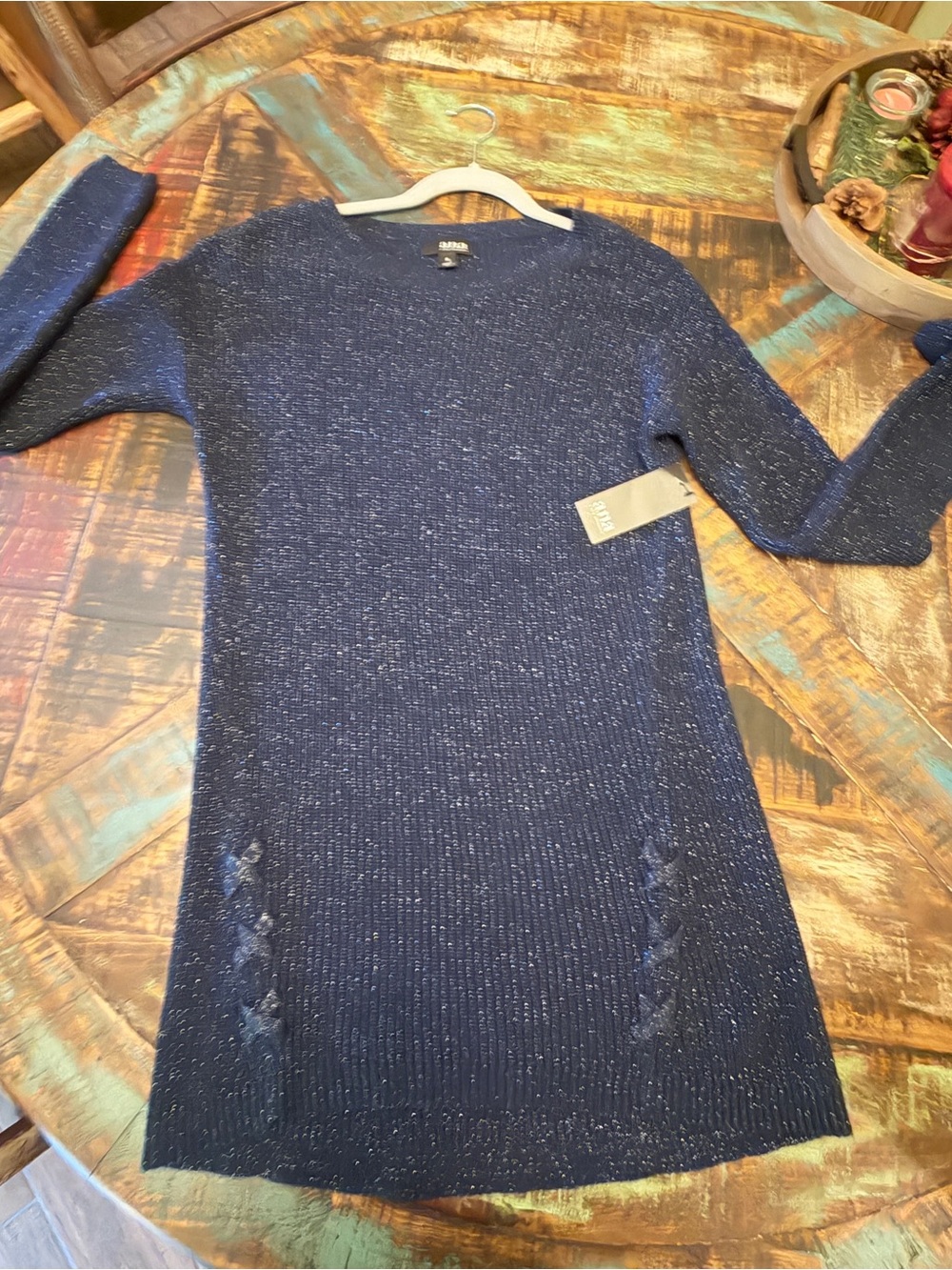 a.n.a. New Approach Shimmer Knit Dress Women's Blue Navy Long Sleeve Small NWT